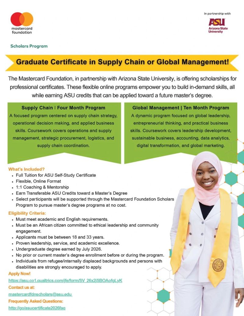 Mastercard Foundation & Arizona State University Graduate Certificate Scholarships 2026 (Fully Funded Online Programs for Africans)