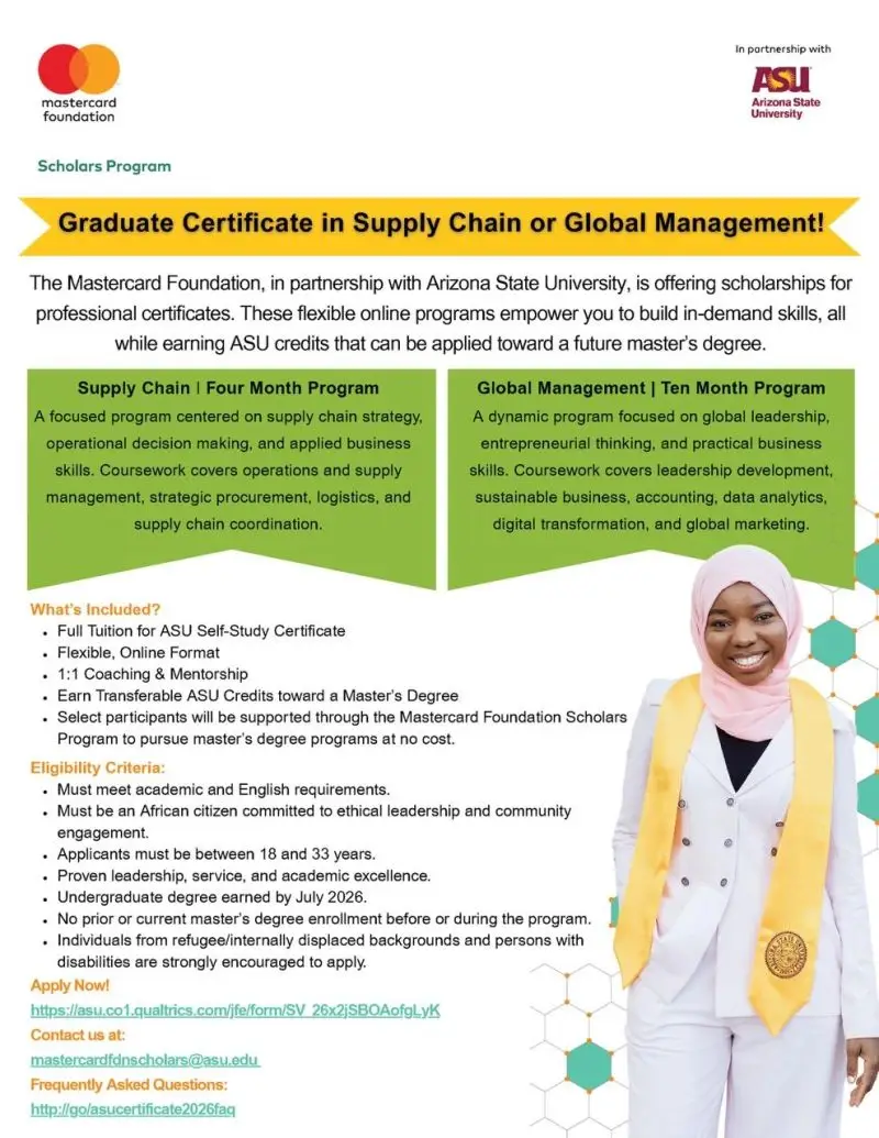 Mastercard Foundation & Arizona State University Graduate Certificate Scholarships 2026 (Fully Funded Online Programs for Africans)