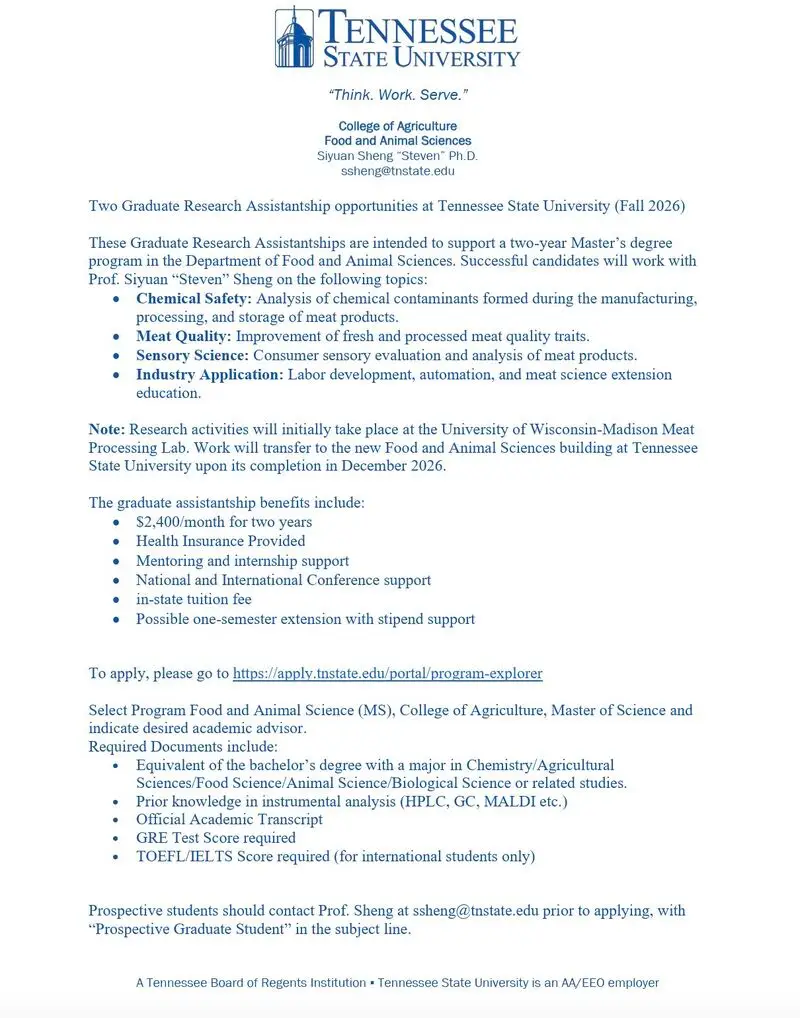Graduate Research Assistantships in Food & Animal Sciences at Tennessee State University, USA – Fall 2026