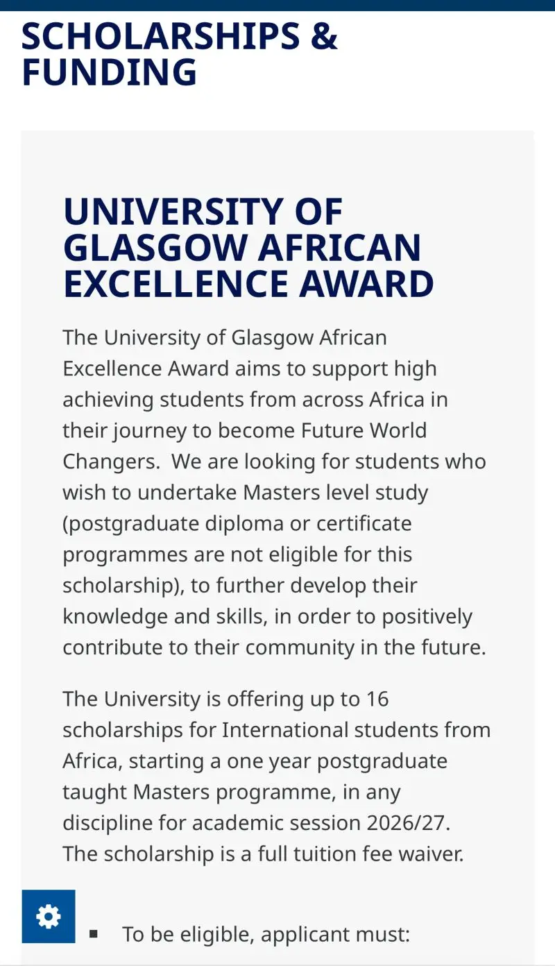 University of Glasgow African Excellence Award 2026/27