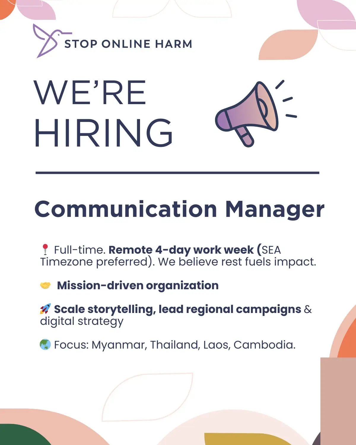 Stop Online Harm is hiring Communication Manager (Remote, Southeast Asia) Work With Purpose, Build Digital Justice