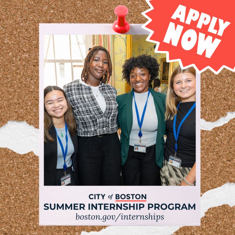 Group og interns representing the City of Boston Summer Internship Program and municipal government workplace environment.