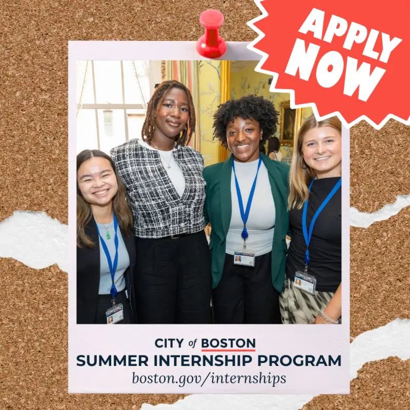 Group og interns representing the City of Boston Summer Internship Program and municipal government workplace environment.