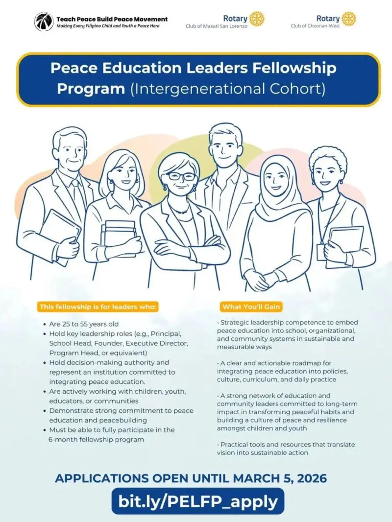 Flyer for the Intergenerational Peace Education Leaders Fellowship Program including key dates, eligibility information, and application deadline of March 5, 2026.”