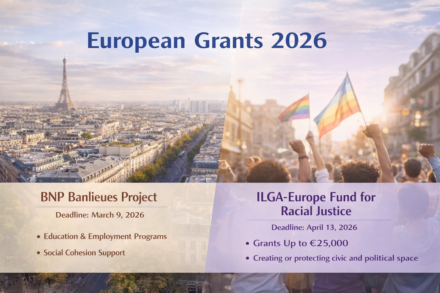 2026 Funding Opportunities in Europe: BNP Paribas Banlieues Project (France) & ILGA-Europe Fund for Racial Justice Grants up to €25,000
