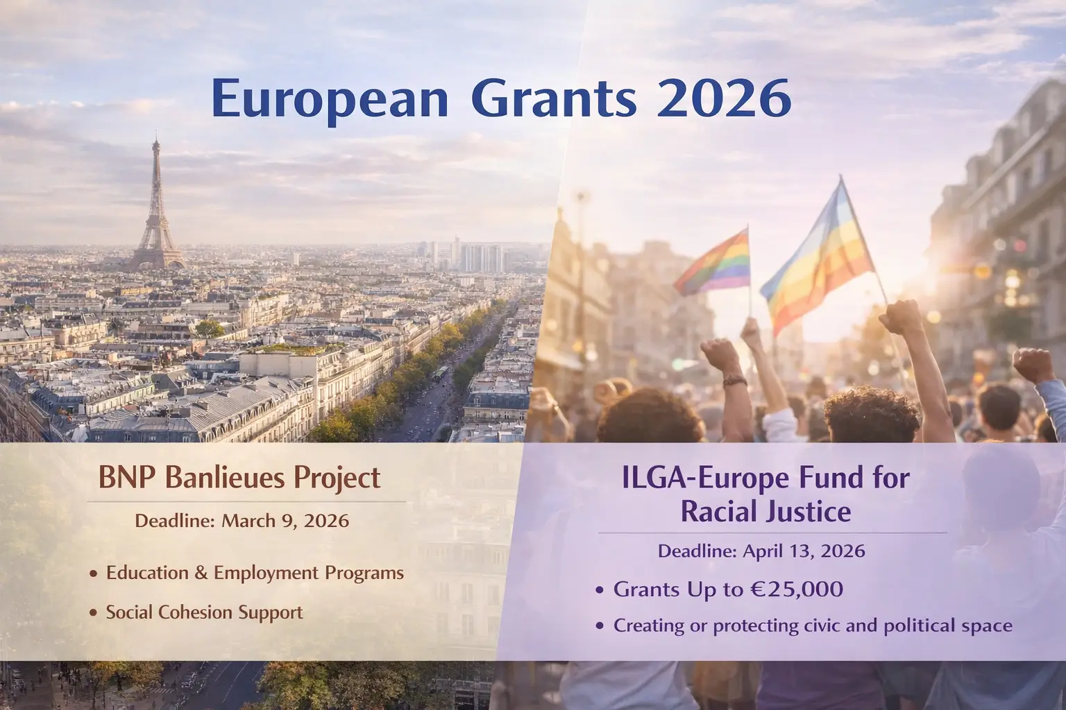 2026 Funding Opportunities in Europe: BNP Paribas Banlieues Project (France) & ILGA-Europe Fund for Racial Justice Grants up to €25,000