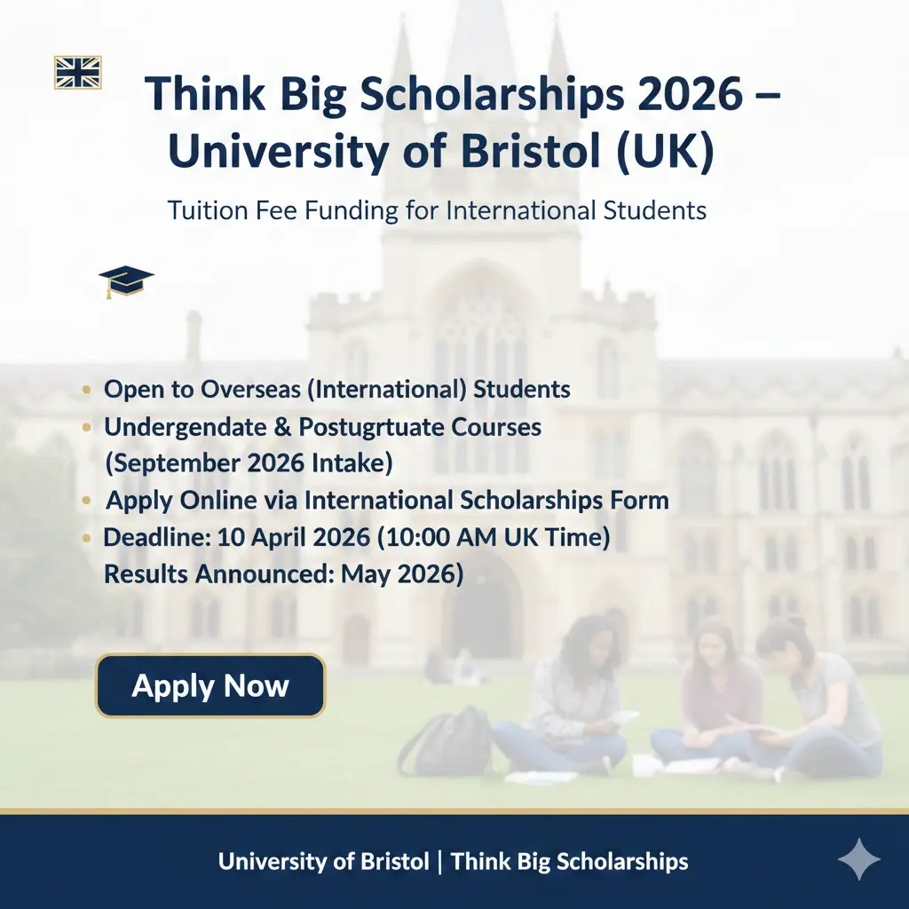 University of Bristol Think Big Scholarships 2026 for International Students – Apply by 10 April 2026