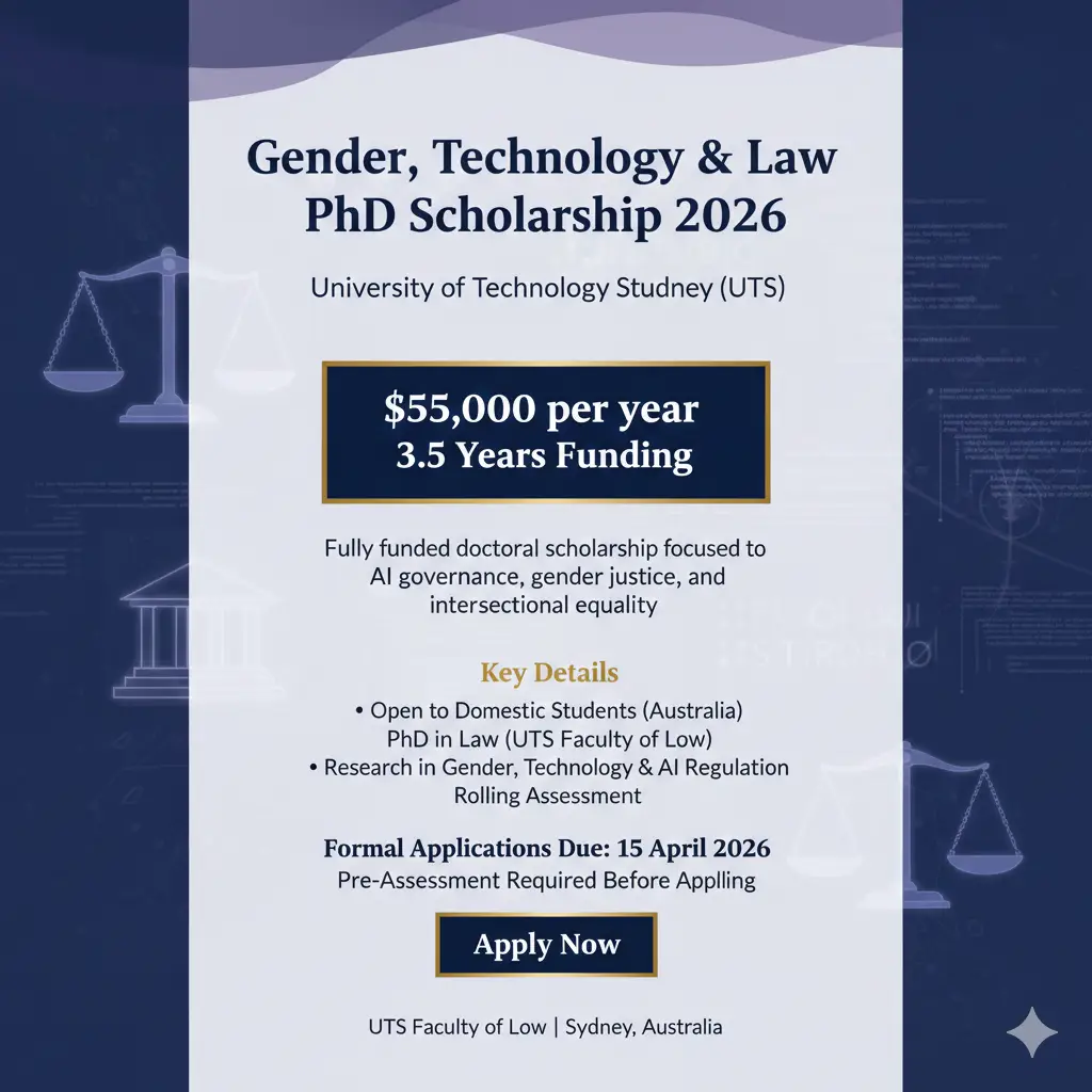 Scholarship 2026: Gender, Technology and the Law PhD at UTS – $55,000 per Year (Domestic Students)