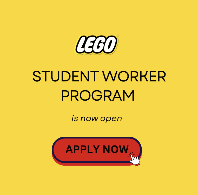 LEGO Student Worker Program announcement with a yellow background and a red “Apply Now” button.