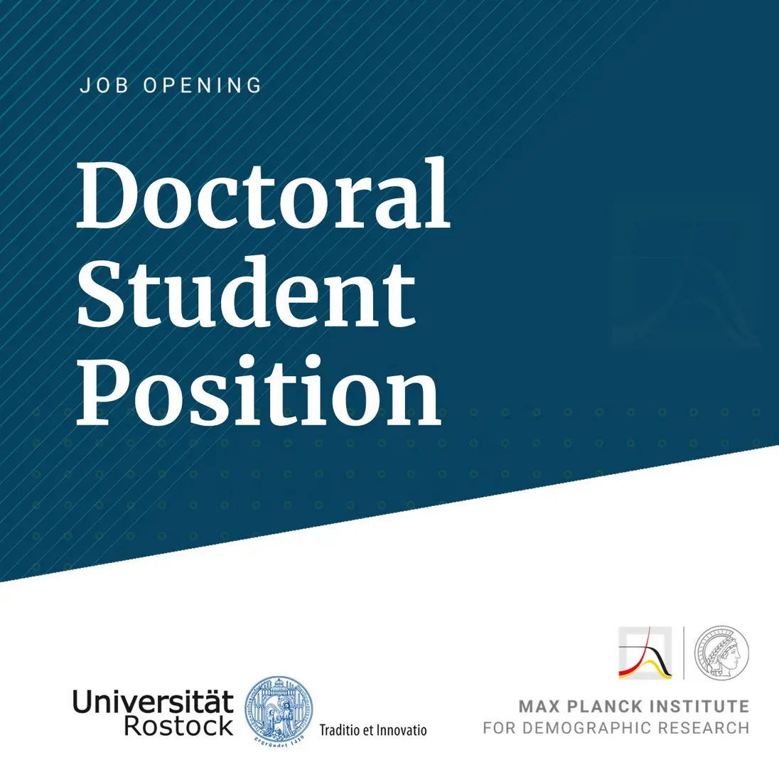 Flyer announcing a doctoral student position at the Max Planck Institute for Demographic Research in Rostock, Germany, focused on migration and scientific mobility research, with application deadline 15 April 2026.