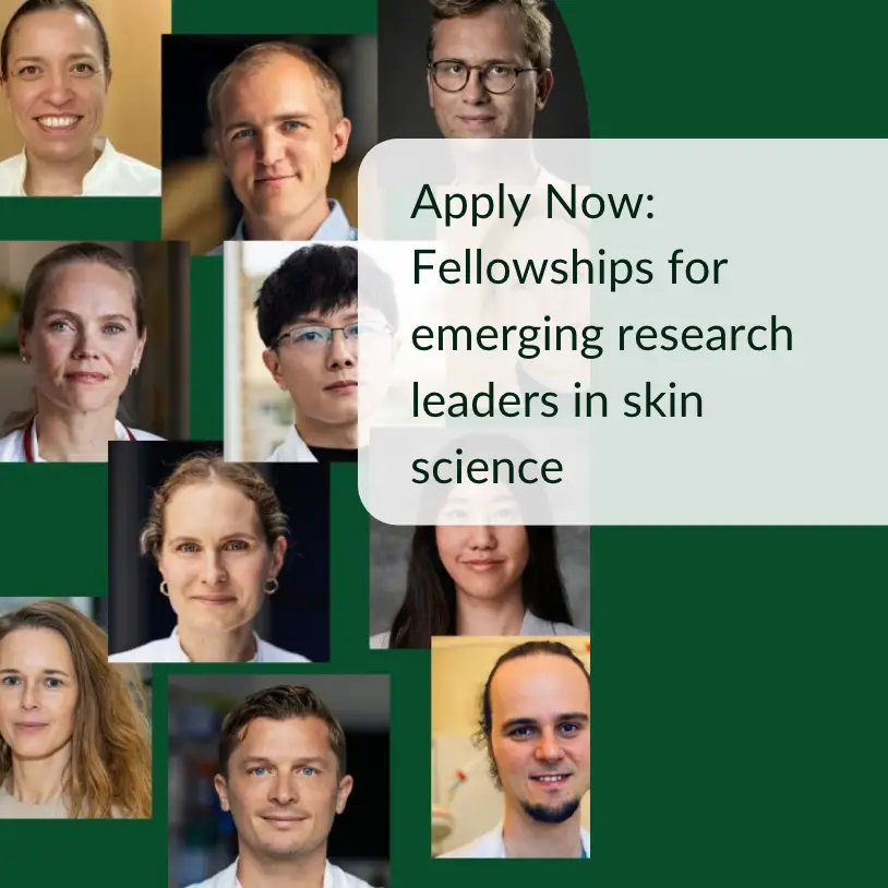 Flyer promoting the LEO Foundation Dr Abildgaard Fellowships, offering five-year research funding for emerging leaders in skin and dermatology research, with application deadline 19 March 2026
