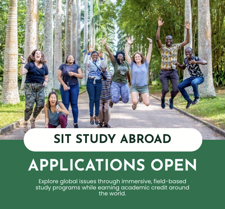 Flyer announcing SIT Study Abroad applications for Spring 2027, featuring a diverse group of students jumping outdoors, with text highlighting immersive, field-based study programs worldwide.