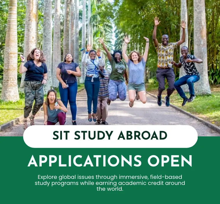 Flyer announcing SIT Study Abroad applications for Spring 2027, featuring a diverse group of students jumping outdoors, with text highlighting immersive, field-based study programs worldwide.