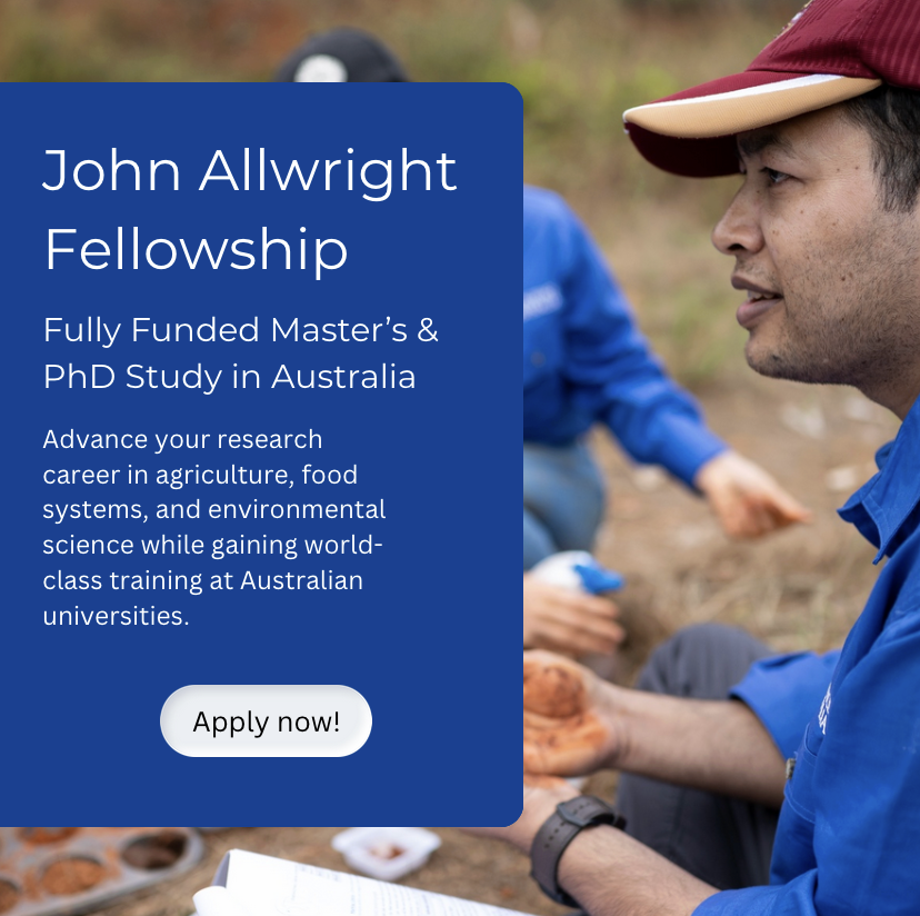 Promotional flyer for the John Allwright Fellowship 2026 highlighting fully funded Master’s and PhD research opportunities in Australia for agricultural researchers