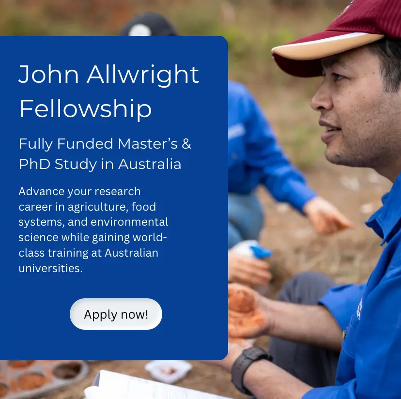 Promotional flyer for the John Allwright Fellowship 2026 highlighting fully funded Master’s and PhD research opportunities in Australia for agricultural researchers