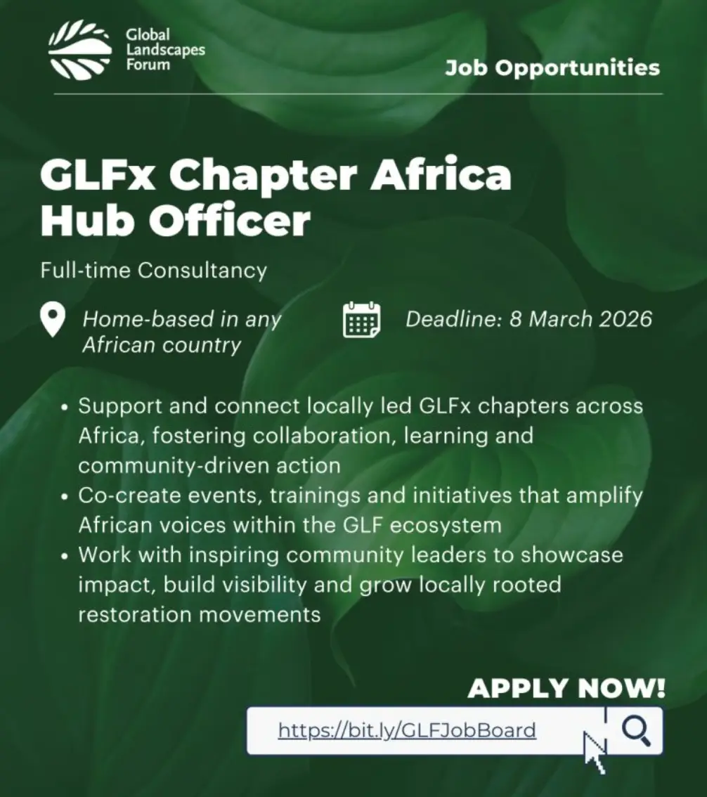 Promotional flyer for the GLF Africa Hub Officer position highlighting a sustainability-focused role supporting climate and landscape initiatives across Africa.