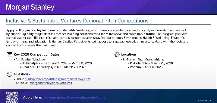 Morgan Stanley Inclusive & Sustainable Ventures Accelerator 2026: Funding and Mentorship Opportunity for Early-Stage Startups and Nonprofits
