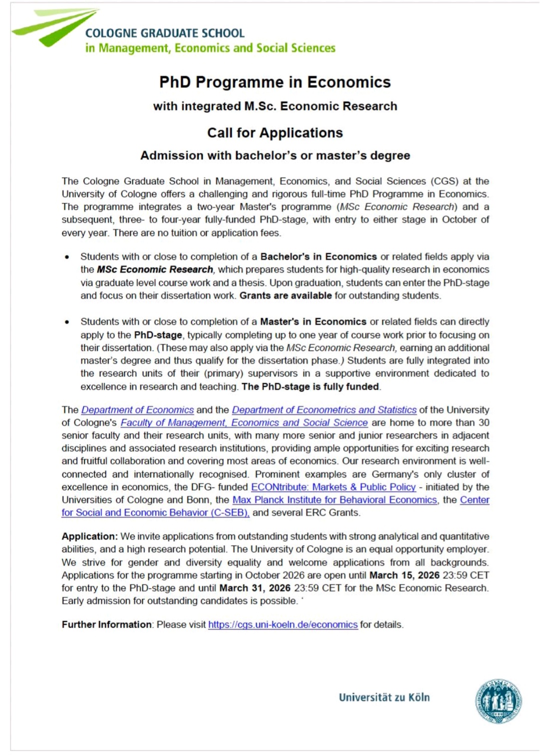 Apply now for the PhD Programme in Economics at the Cologne Graduate School (CGS), University of Cologne