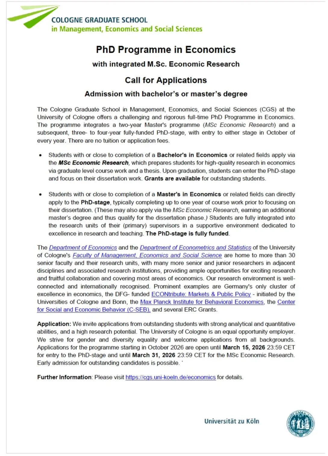 Apply now for the PhD Programme in Economics at the Cologne Graduate School (CGS), University of Cologne
