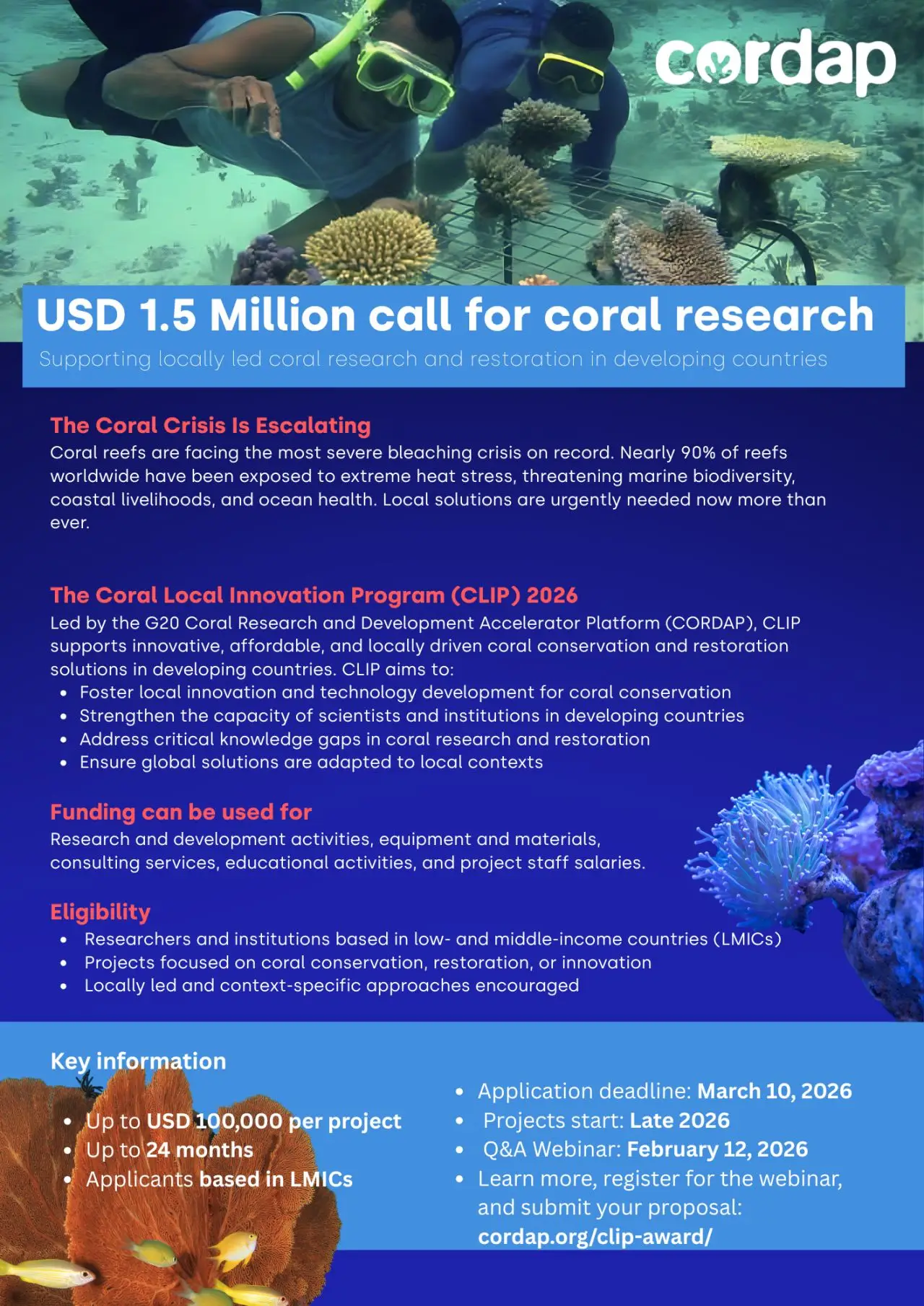 Funding Opportunity: Coral Local Innovation Program (CLIP) 2025 by G20 Coral Research & Development Accelerator Platform (CORDAP)