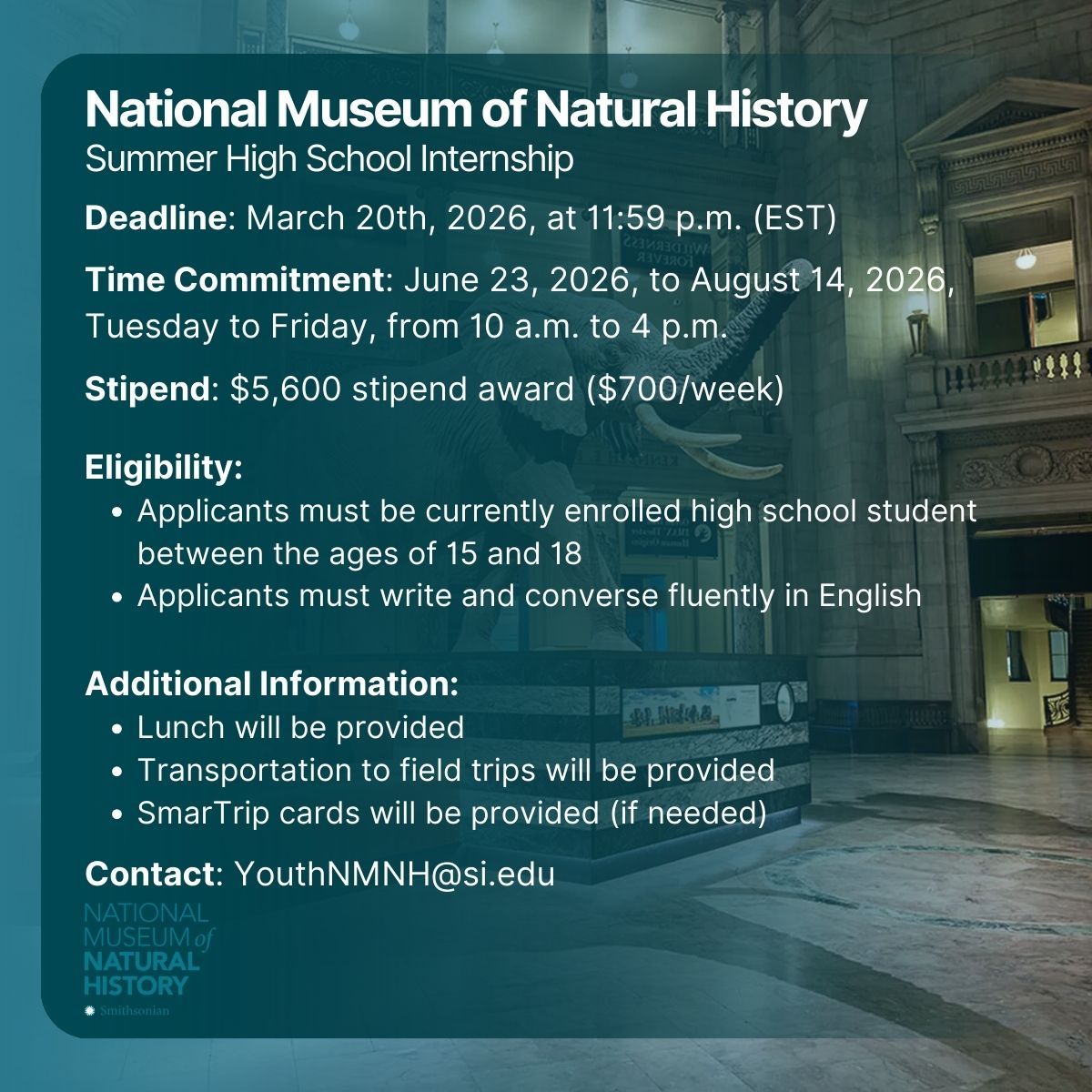 Smithsonian NMNH Summer High School Internship 2026: $5,600 Stipend Opportunity for Students Interested in Science and Museums
