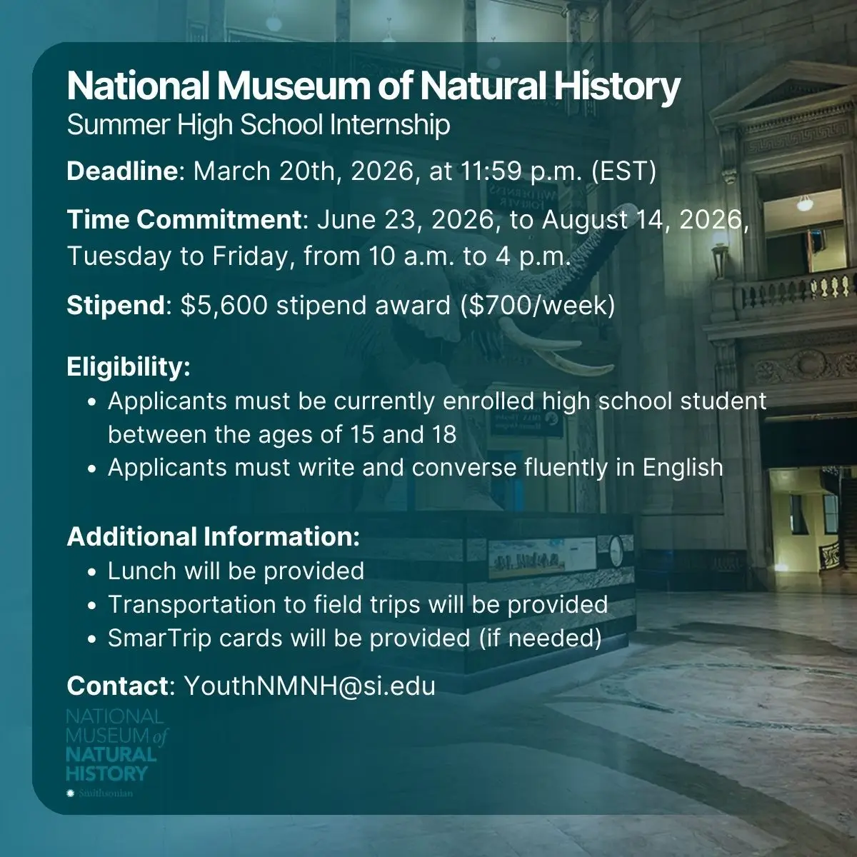 Smithsonian NMNH Summer High School Internship 2026: $5,600 Stipend Opportunity for Students Interested in Science and Museums