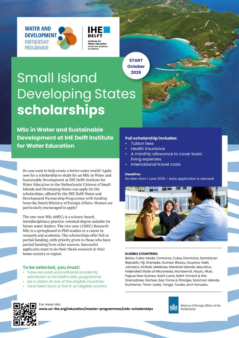 Scholarship flyer promoting the IHE Delft SIDS Scholarships 2026 for Small Island Developing States, offering full tuition, living support, international travel, and research opportunities for the MSc in Water and Sustainable Development.
