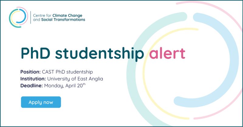 Flyer highlighting a fully funded PhD on environmental change agents in hybrid and remote work environments at the University of East Anglia with a £21,805 stipend and April 20, 2026 application deadline.