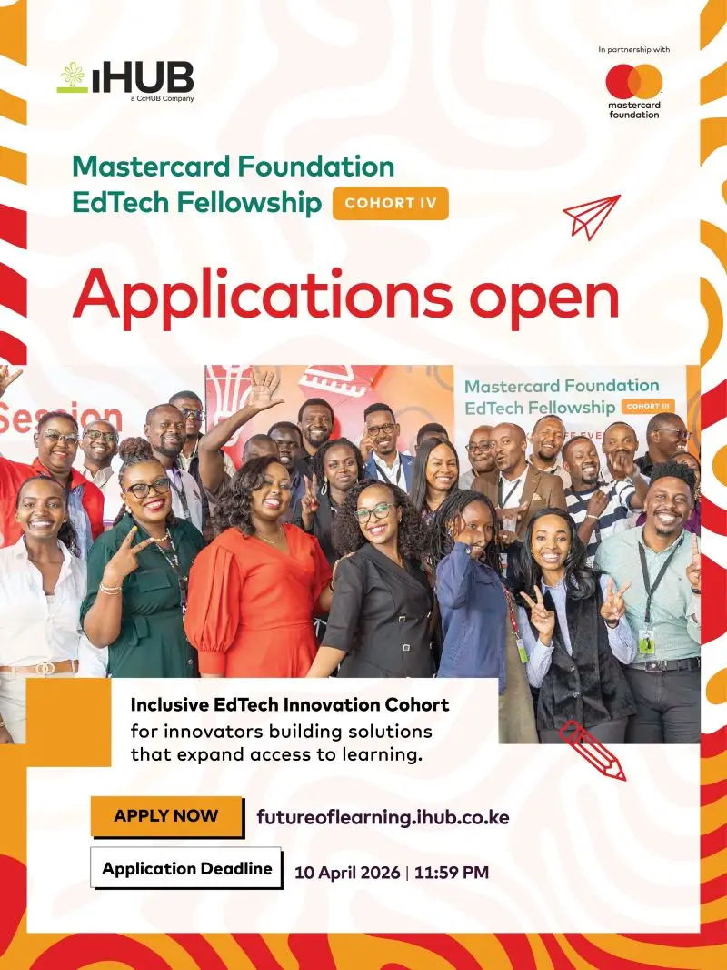 Flyer promoting the Future of Learning EdTech Fellowship 2026 Cohort 4, an accelerator for African education technology startups offering up to $100,000 in equity-free funding, mentorship, and ecosystem support, with applications closing on 26 March 2026