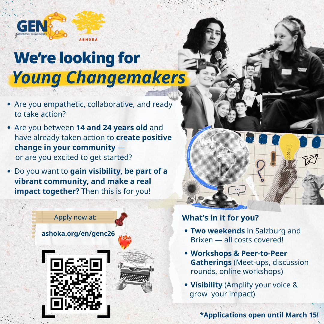 “Flyer promoting the Ashoka GenC 2026 Generation Changemaker program for young leaders aged 14–24 across Europe, encouraging applications for a year-long experience of workshops, events, and networking to advance social impact.