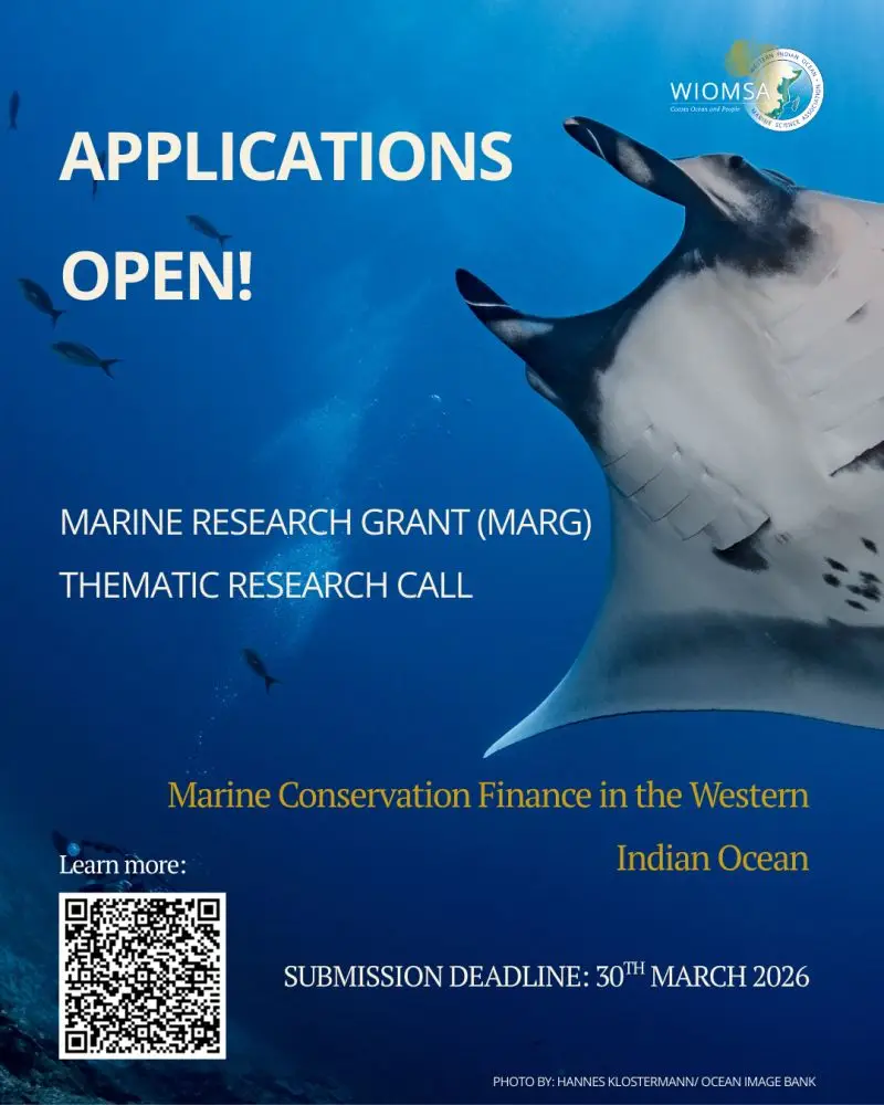 “Graphic highlighting the WIOMSA Marine Conservation Finance thematic research call for early career ocean professionals and graduate students in the Western Indian Ocean,