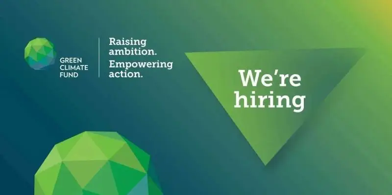 Promotional flyer highlighting Green Climate Fund career opportunities including jobs, fellowships, internships, and consultancies in climate finance and international climate action.