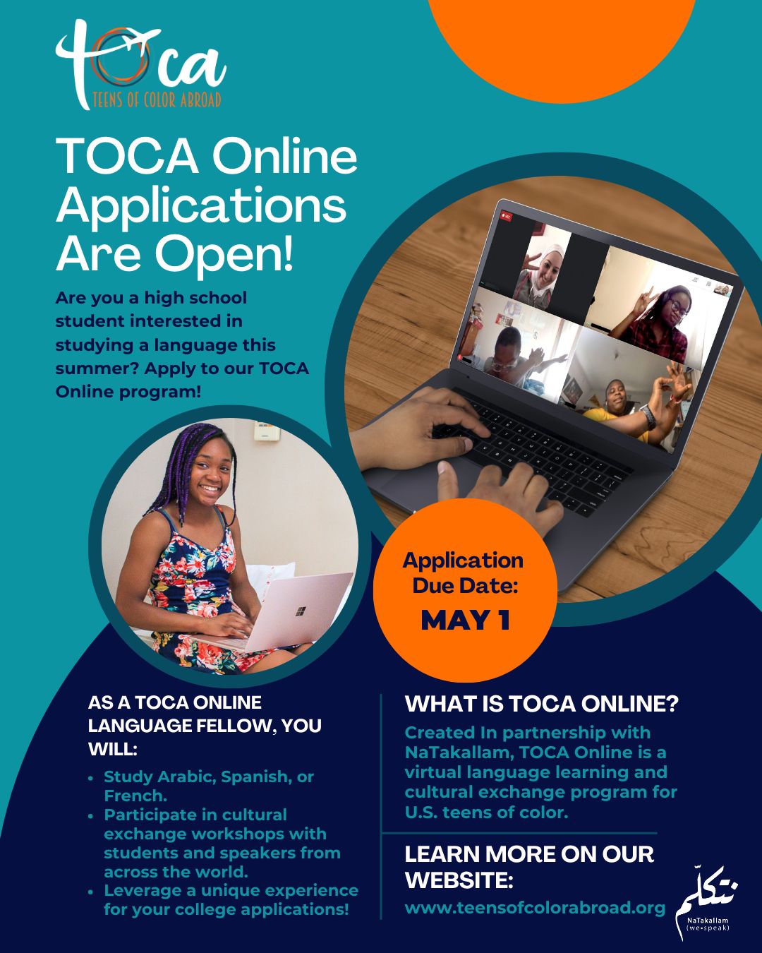 TOCA Online Virtual Language Fellowship: Study Arabic, French, or Spanish with Global Peers Through Cultural Exchange