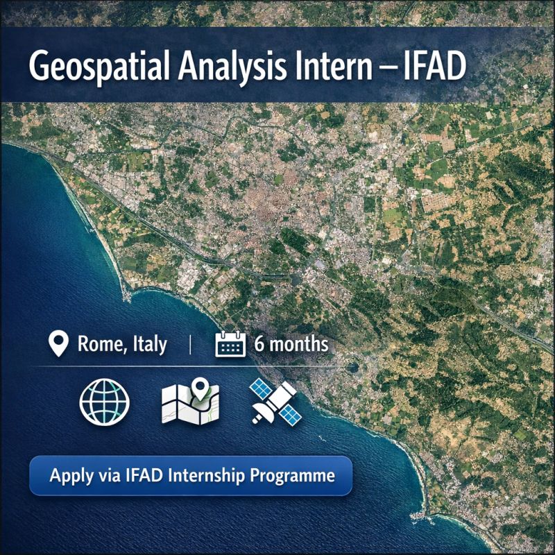 Flyer promoting a Geospatial Analysis Internship with the International Fund for Agricultural Development offering a six-month opportunity to work with GIS, mapping, and remote sensing tools.