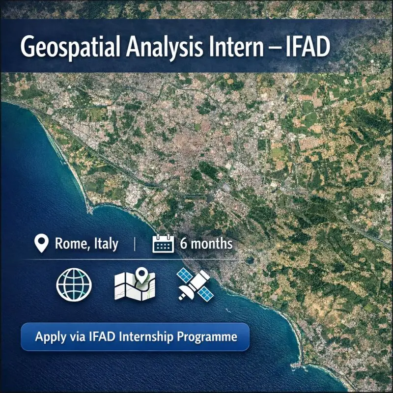 Flyer promoting a Geospatial Analysis Internship with the International Fund for Agricultural Development offering a six-month opportunity to work with GIS, mapping, and remote sensing tools.