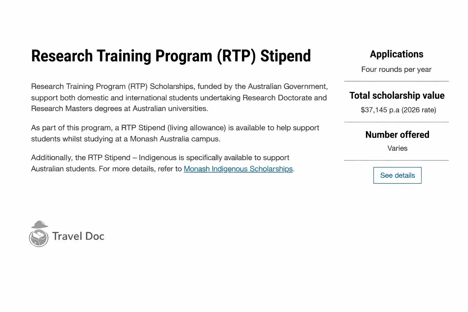 Monash Research Training Program (RTP) Scholarship 2026 in Australia – Fully Funded Master’s and PhD Opportunity for International Students