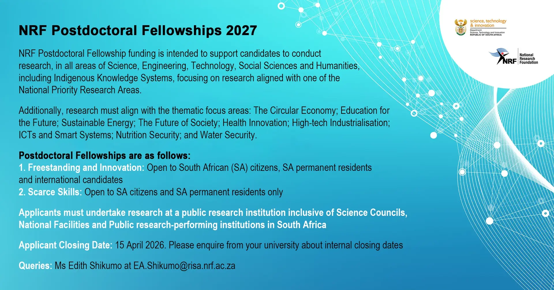 Flyer promoting the National Research Foundation call for researchers proposals for 2026 and 2027 supporting research grants, postdoctoral funding, and academic collaboration opportunities.