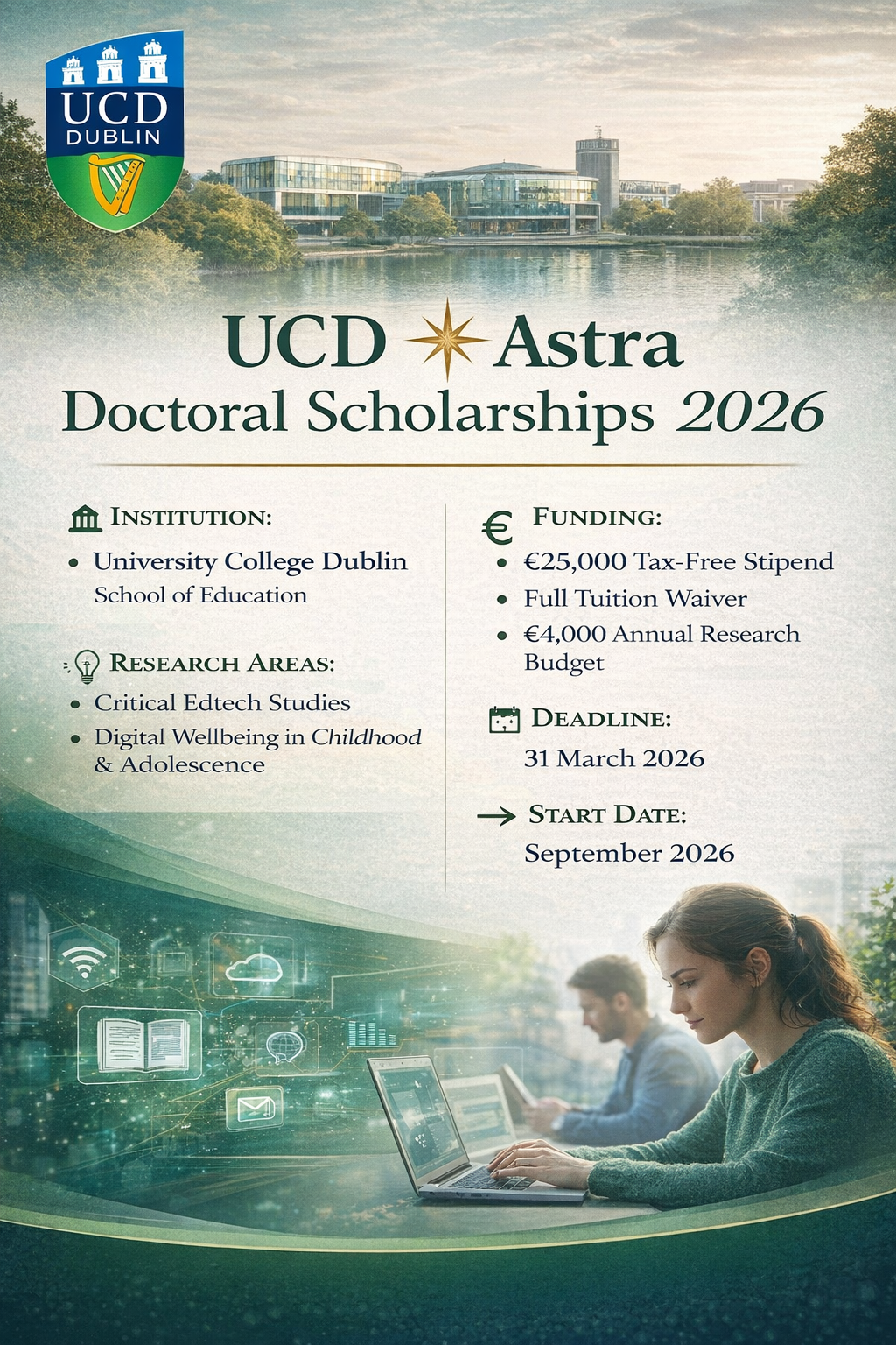 UCD Ad Astra Doctoral Scholarships 2026 fully funded PhD in digital education and wellbeing