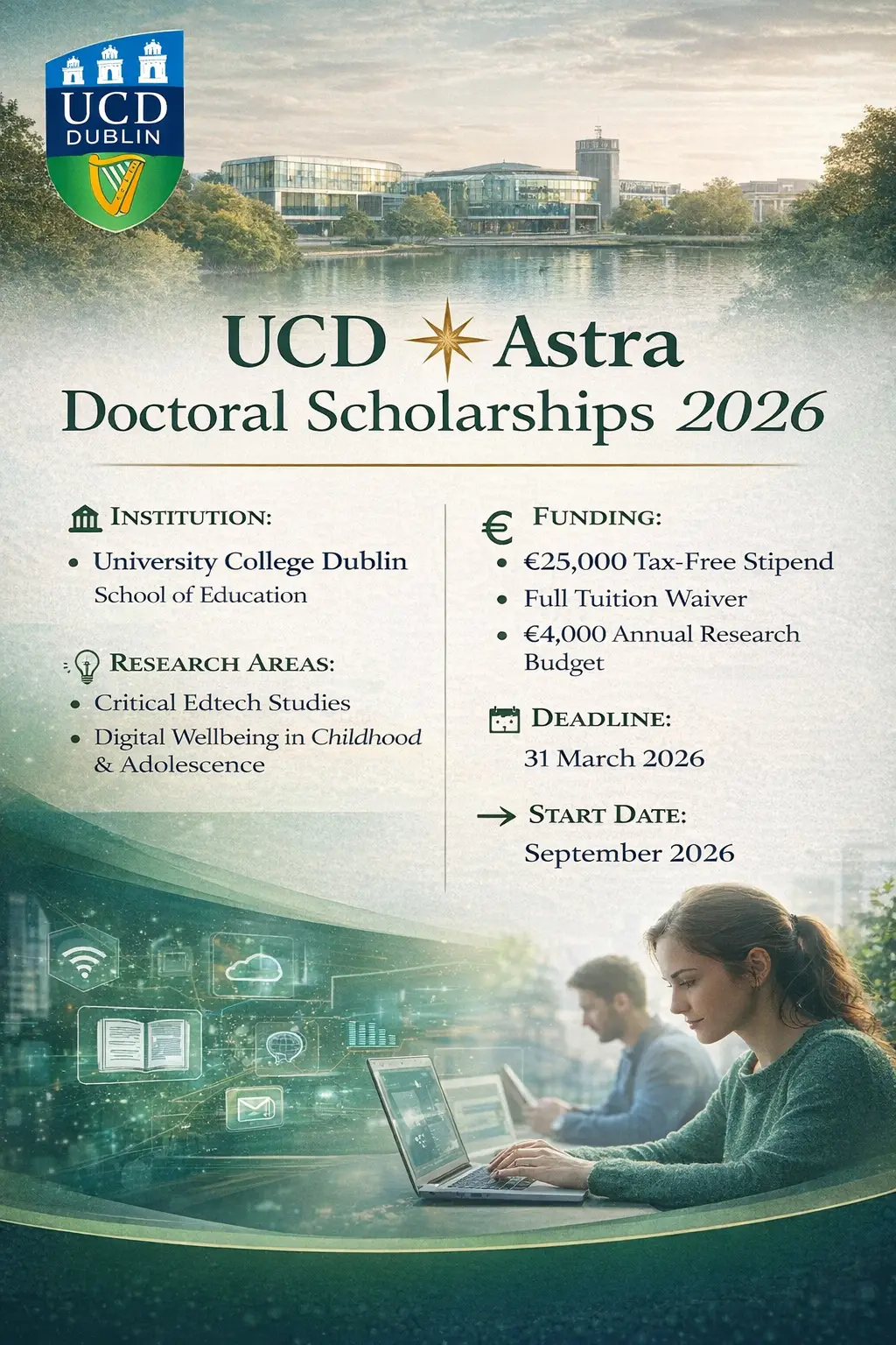 UCD Ad Astra Doctoral Scholarships 2026 fully funded PhD in digital education and wellbeing