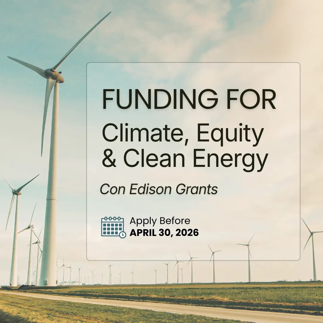 Minimalist flyer promoting Con Edison climate grants with April 30, 2026 concept paper deadline and call to visit LinkedIn for details