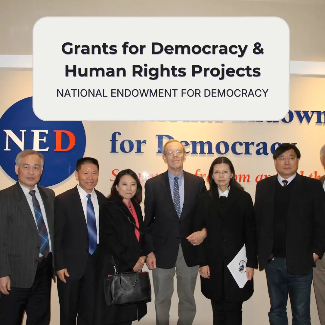 Flyer highlighting the National Endowment for Democracy (NED) global grant opportunity for NGOs working on human rights, independent media, and democratic governance