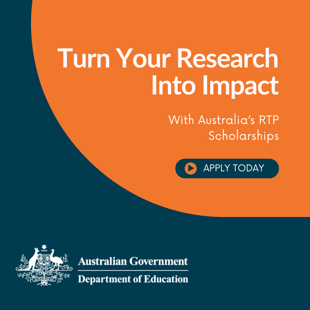 “Graphic promoting the Australia Government Research Training Program (RTP),