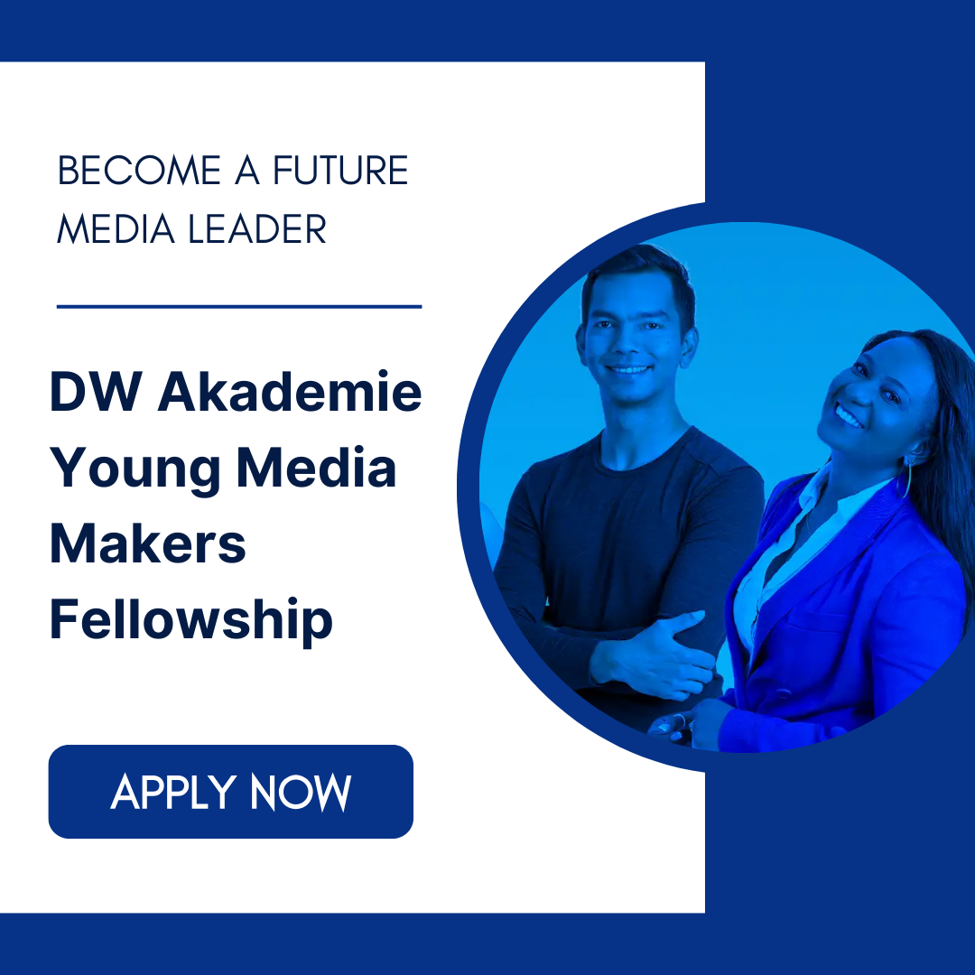 Promotional flyer for the Young Media Makers Fellowship 2026–2028 by DW Akademie