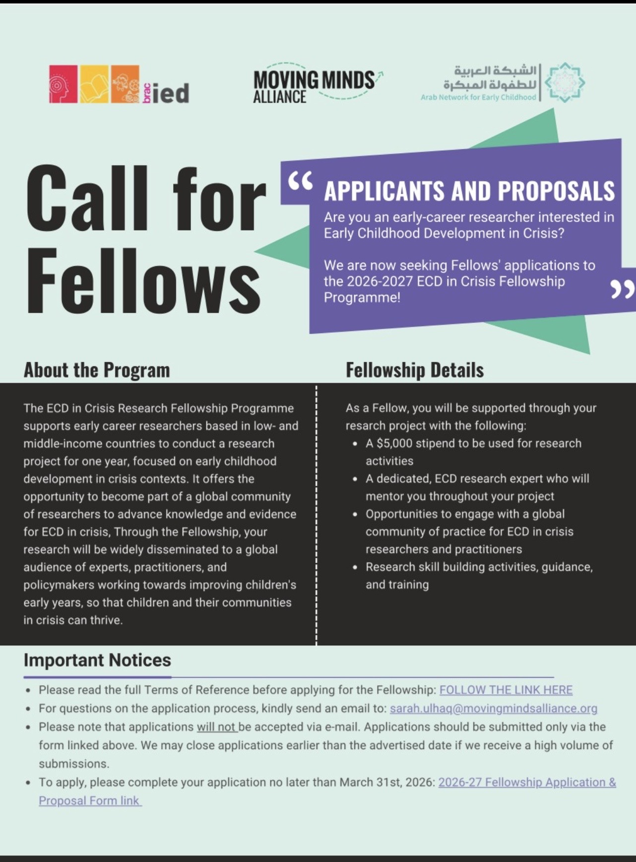 Moving Minds Alliance 2026–2027 Early Childhood Development in Crisis Research Fellowship: Funding for Researchers in Low- and Middle-Income Countries