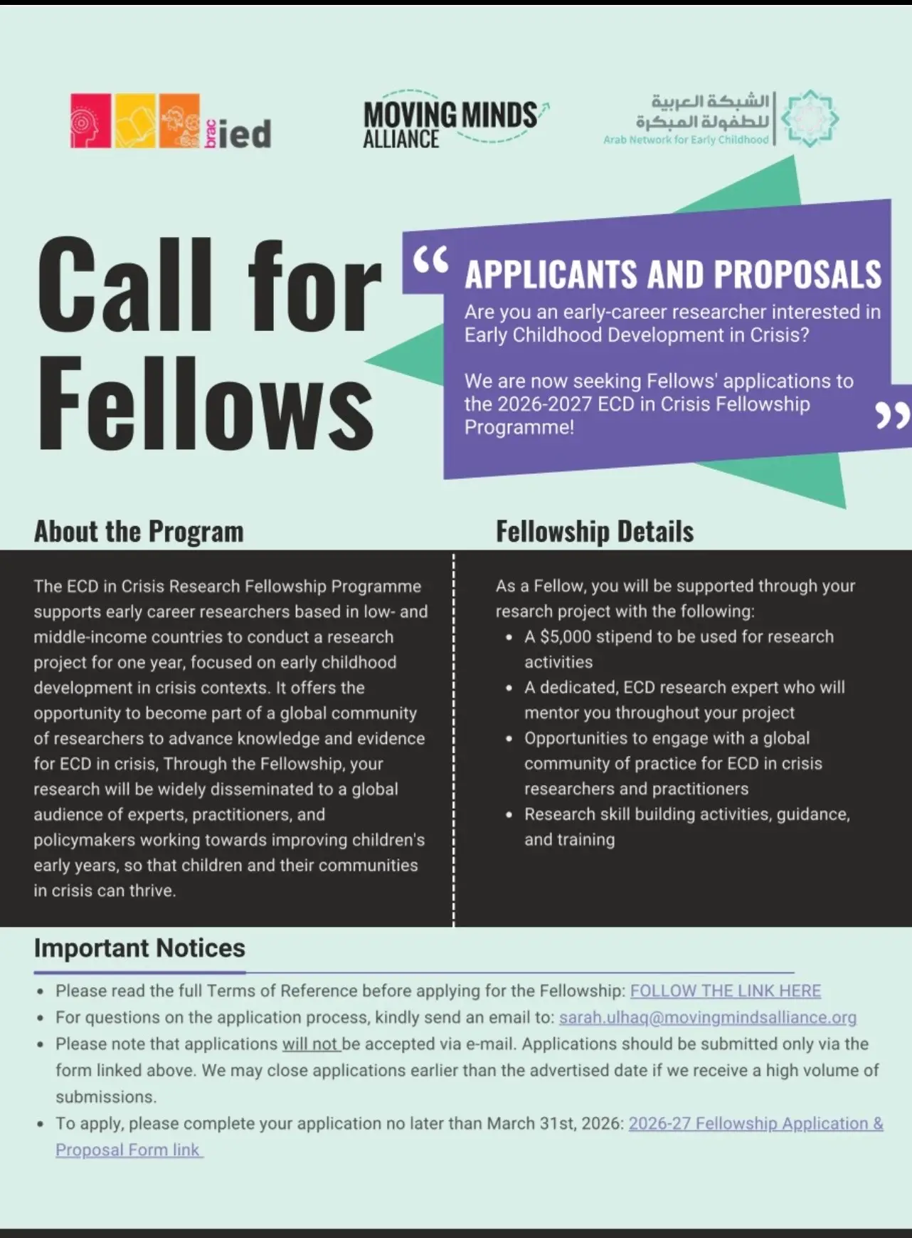 Moving Minds Alliance 2026–2027 Early Childhood Development in Crisis Research Fellowship: Funding for Researchers in Low- and Middle-Income Countries