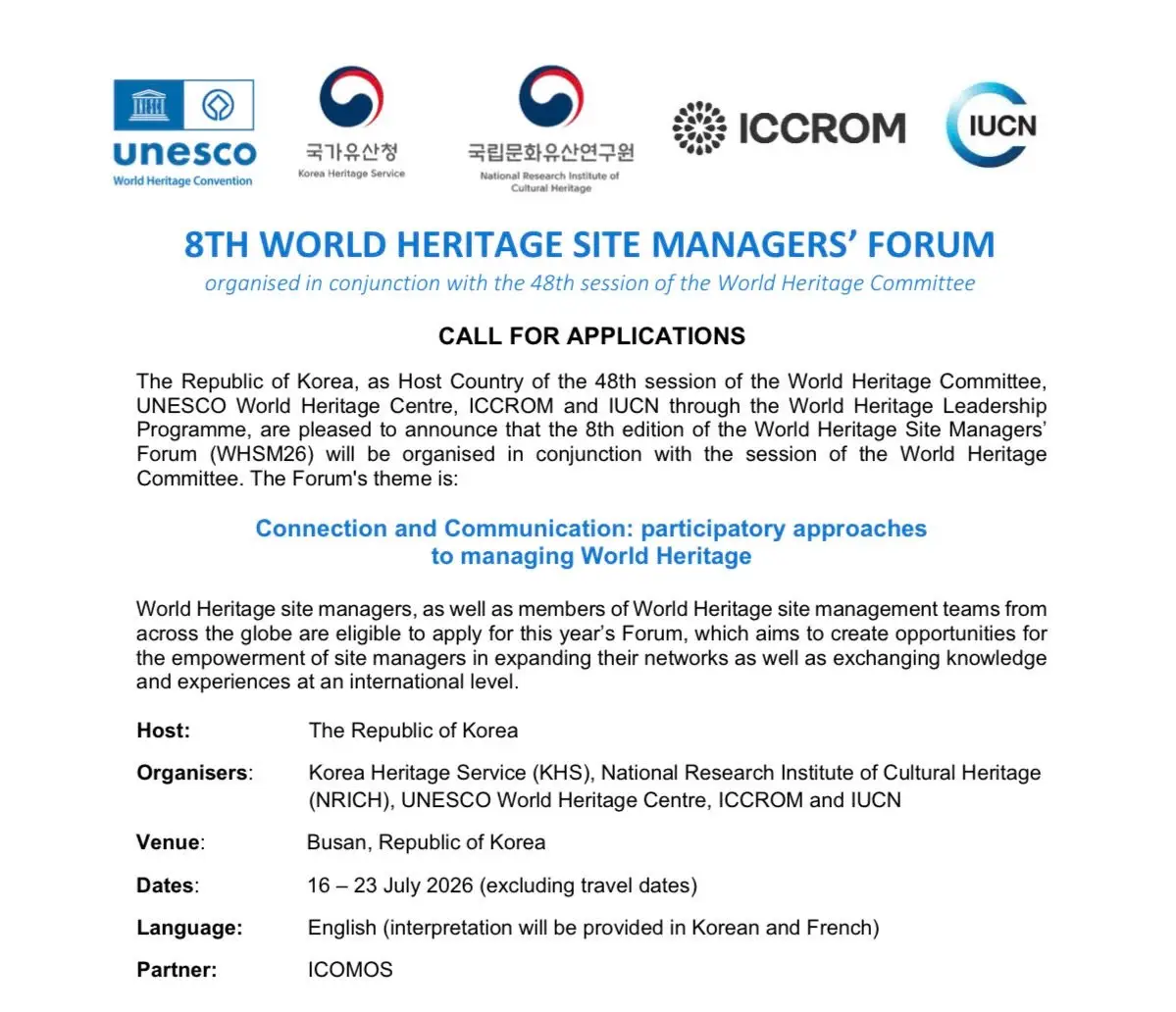 Apply for the 8th World Heritage Site Managers’ Forum 2026 in Busan, South Korea