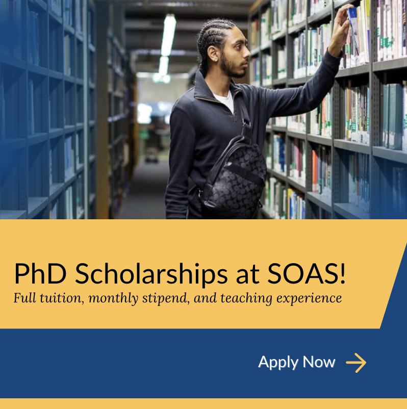 Flyer for the SOAS Teaching Scholarships 2026 with information on full tuition and maintenance funding, eligibility for Black British and Africa/Asia/Middle East residents, and application deadline 21 March 2026