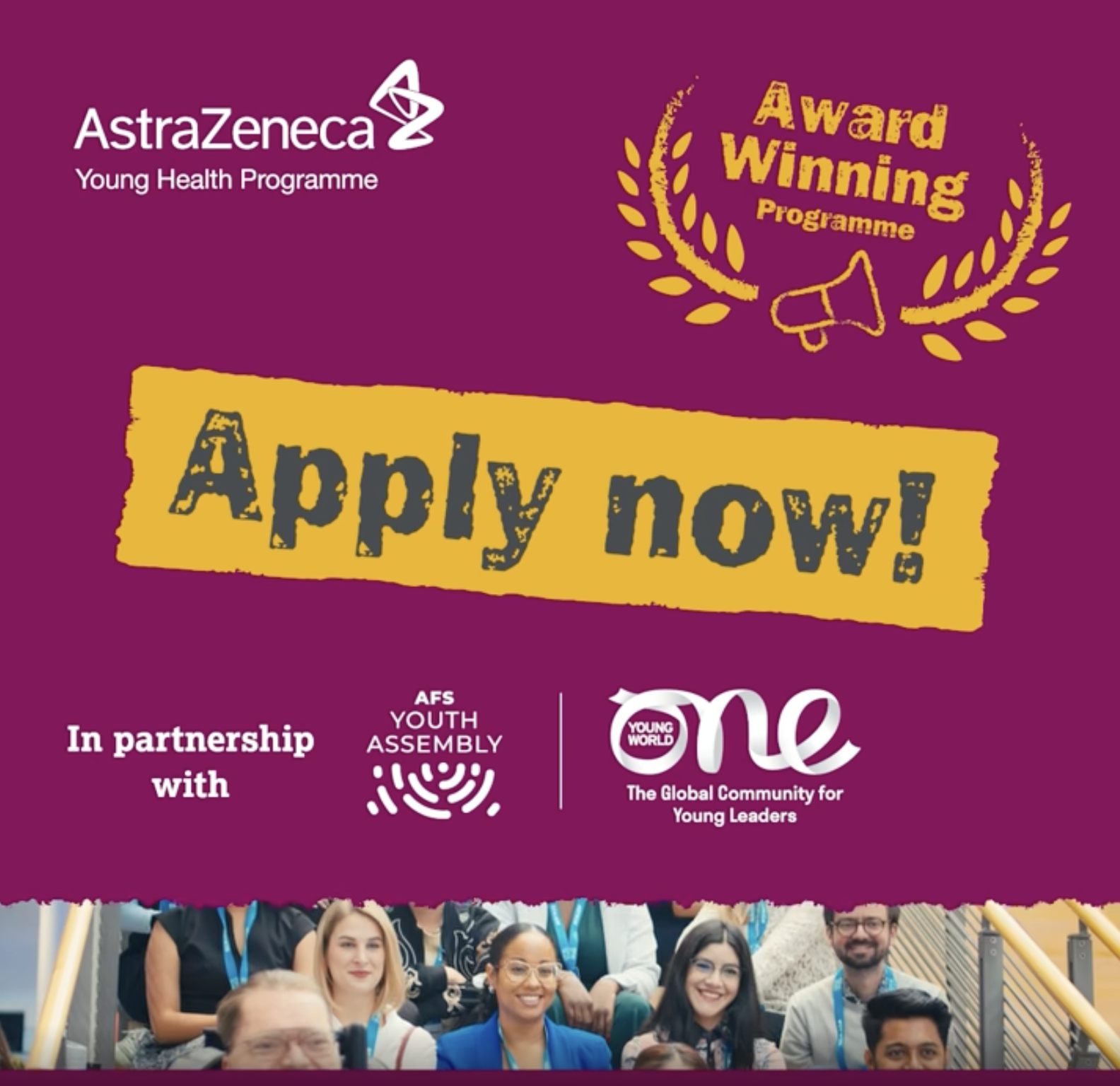 Promotional flyer for AstraZeneca Young Health Programme fellowships and scholarships supporting youth leaders aged 18 to 35 working on global health, community wellbeing, and social impact initiatives.