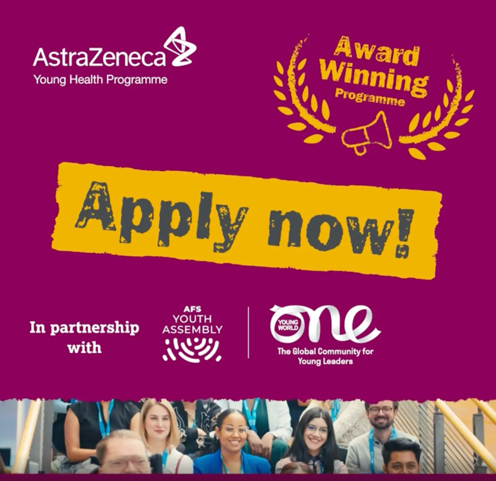 Promotional flyer for AstraZeneca Young Health Programme fellowships and scholarships supporting youth leaders aged 18 to 35 working on global health, community wellbeing, and social impact initiatives.