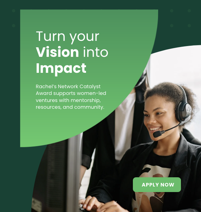 Flyer promoting the Rachel’s Network Catalyst Award 2026 for mid-career women environmental leaders of color, offering financial support, leadership services, and public recognition